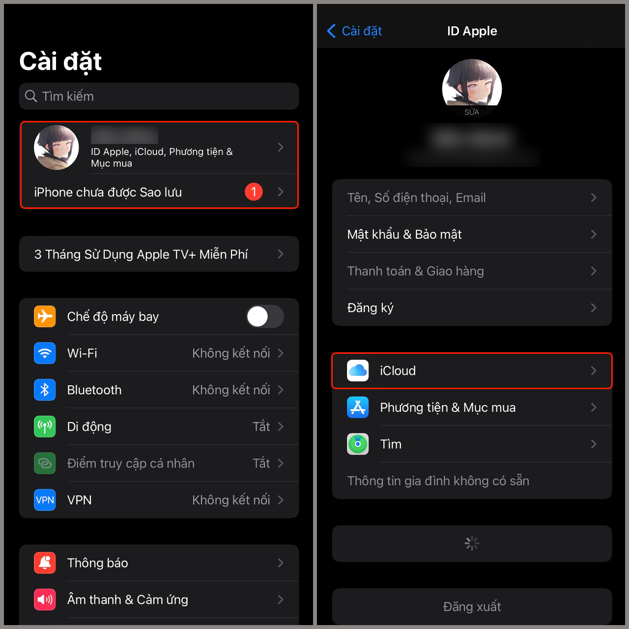 Bước 2: truy cập mục ID Apple -> chọn “iCloud” 